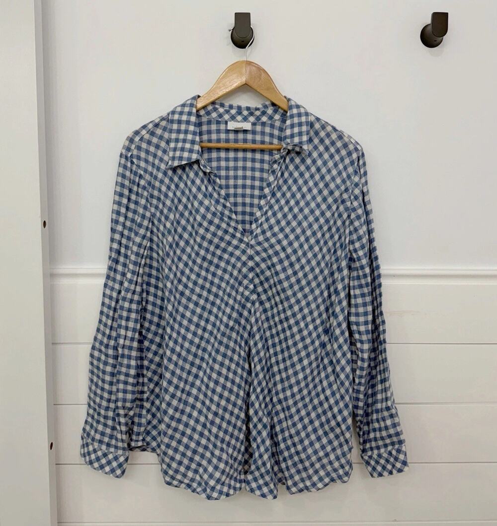 J. Jill Women’s Blue White Gingham 100% Linen Button-Up Long Sleeve Shirt XL
